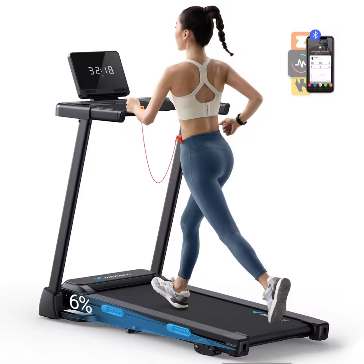 Tapis de Course Connecté Pliable avec 3 niveaux d’inclinaison, Vitesse Réglable de 0,8 à 12 km/h, Écran LED